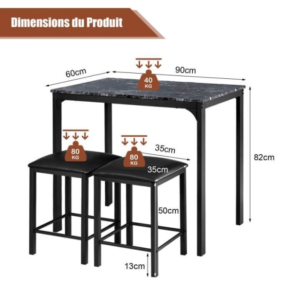 COSTWAY 3-delat matbordsset med 2 rygglösa stolar i konstläder, kompakt design, för kök, vardagsrum, svart Svart