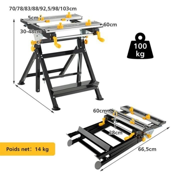 COSTWAY Multifunktions hopfällbar arbetsbänksbordssåg 7 justerbara höjder Bredd 60 cm, 2 klämhandtag, 8 glidklämmor