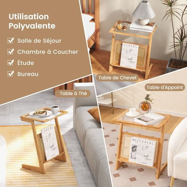 COSTWAY Bamboo 'Z' sidebord, med magasinstativ, rattanhylde, plade af hærdet glas, 51,5 x 37 x 58 cm, naturlig Naturlig