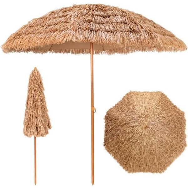 COSTWAY Beach Parasoll Hawaii Tropical Thatch Ø243xH 222 cm Tryckknapp 7 lager 8 metallribbor Vattentät polyester Naturlig