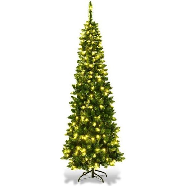 Konstgjord LED-julgran 200 cm COSTWAY-250 Varmvita ljus-708 grenar PVC-nålar-hopfällbart metallstöd Grön