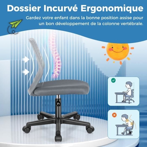 COSTWAY Ergonomisk mesh kontorstol, justerbar sædehøjde 41-53 cm, til børn, teenagere, voksne, grå Grå