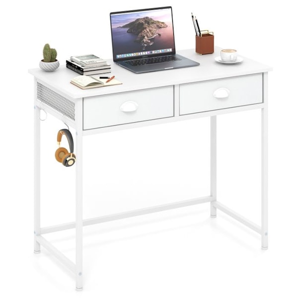 COSTWAY Computer Desk med 2 Stofskuffer - 4 Hængende Kroge 90 x 45 x 75 cm - Metalramme til Stue og Soveværelse