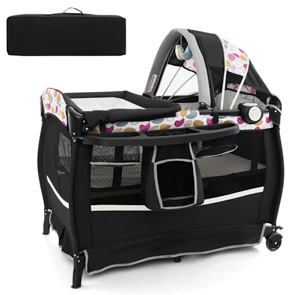 COSTWAY 4 i 1 hopfällbart babyparaply säng-med madrass, speldosa, justerbart tak-hopfällbart skötbord-3 år-lockigt svart