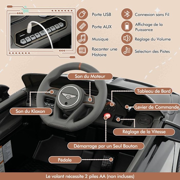 Bentley elbil 12V/7AH til børn 3-8 år - 2,4G fjernbetjening - LED & musik - Langsom start - Sort