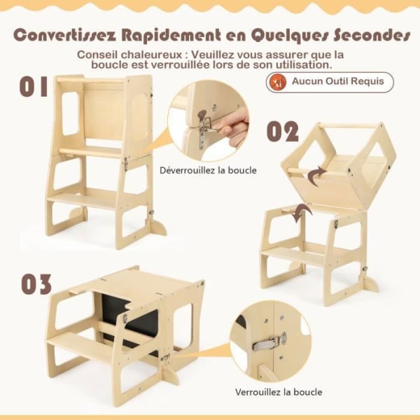 COSTWAY 3 i 1 skalerbart Montessori-læringstårn i træ - Kridtavle - Kontortaburet - Skridsikre trin - 12 måneder - 60 kg