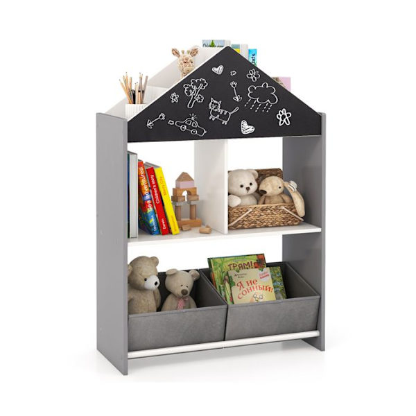 COSTWAY børneopbevaringshylde, 4 rum, 2 skuffer, anti-tipsæt, House Shape Grey