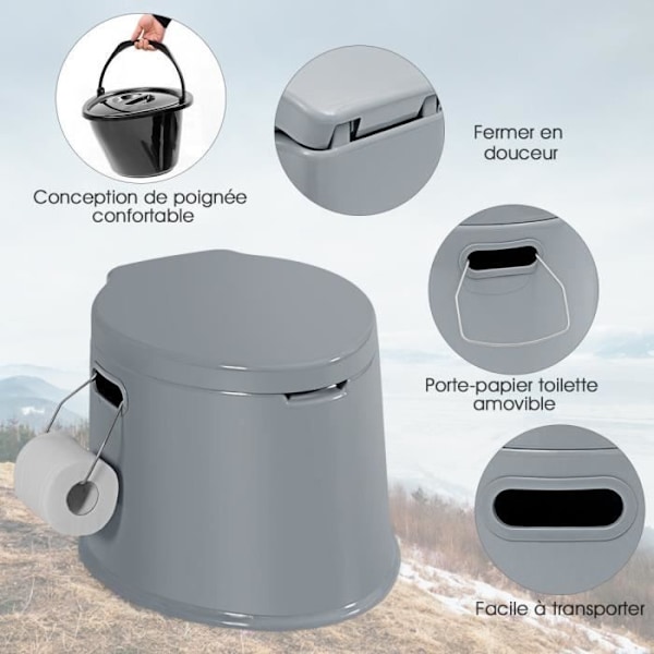 COSTWAY Bærbart Kemisk Toilet Tørtoilet med 5L indre spand og papirholderbelastning 200KG til campingvogn, campingvogn og hospital