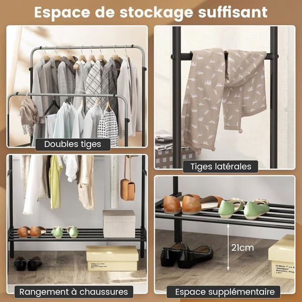 COSTWAY Solid 2-bar metal tøjstativ med skostativ, sølv og sort Sort og sølv