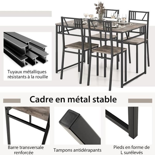 COSTWAY 5-osainen ruokapöytäsetti, 4 tuolia, puujäljitelmä, metallirunko, keittiöön, harmaa