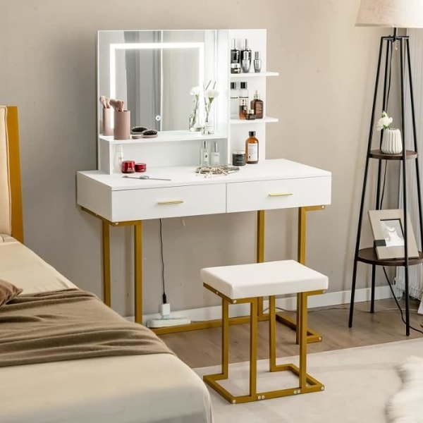 COSTWAY Sminkbord med upplyst spegel och pall, stålram med 2 lådor, 2 hyllor för sovrum, garderob