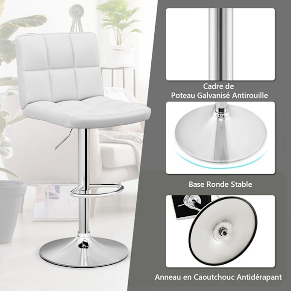 COSTWAY PU Läder Barpall, Justerbar Sitthöjd 65-85cm Upphöjd rygg Halkfri metallbas, Vit