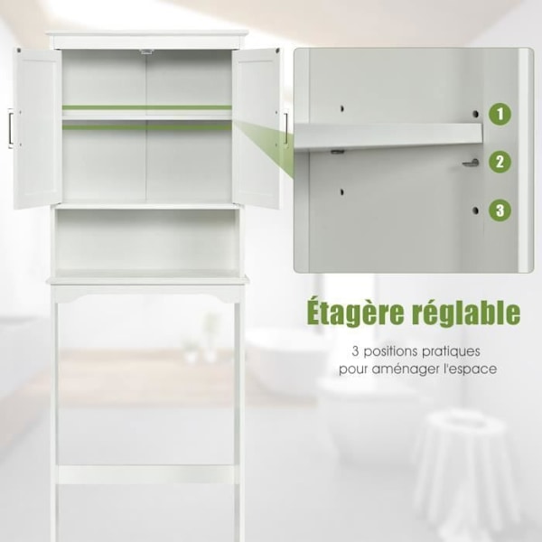 COSTWAY WC-skåp över toaletten med 3 hyllor för badrumsförvaring Modern Vit 63 x 23 x 168 CM Vit Vit