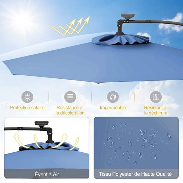 Parasol Déporté φ300 x 245cm - COSTWAY - med 32 LED - Korsbas - Neigungsjustering - Vev - 360° Rotation - Blå
