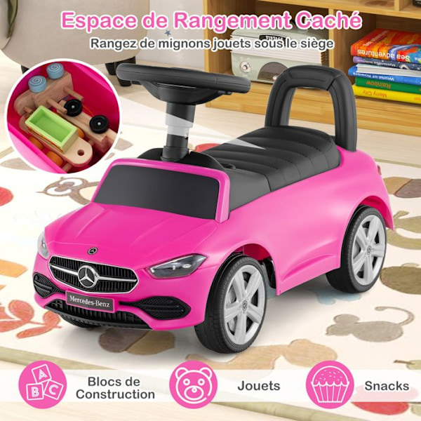 COSTWAY Mercedes-Benz børnebærer med rat, horn, motorlyd, opbevaring under sædet, i 12 til 36 måneder, Pink