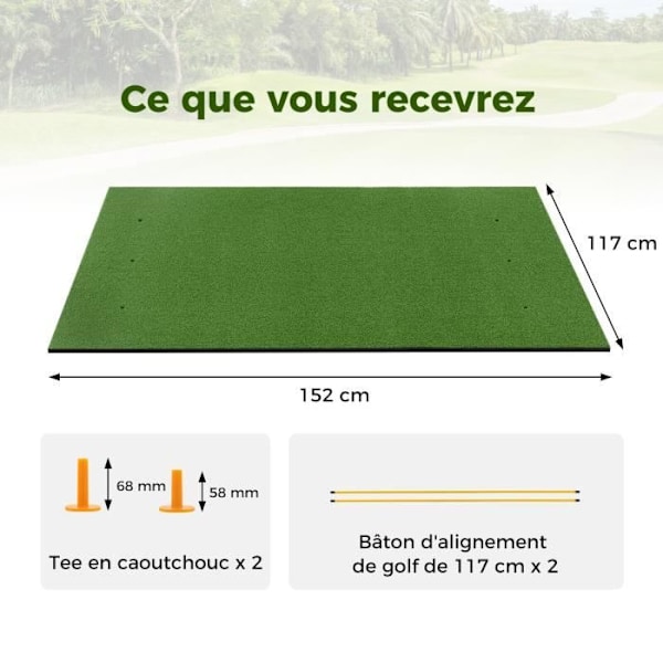 COSTWAY golfslagmåtte 152x117x3,2 cm - Syntetisk græs - 2 tee-positioner - 2 justeringspinde - 6 forborede tee-huller