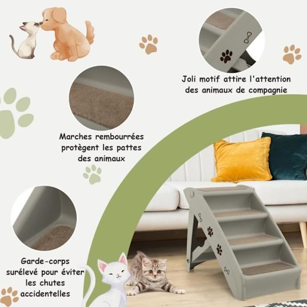 COSTWAY Trapper til Hunde/Katte Folde 4 Plasttrin Belastning 60KG 62,5x38x49CM Blødt filt og skridsikre puder Grå