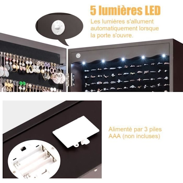 COSTWAY Väggmonterat smyckesskåp LED-spegel, 6 lådor Justerbar krokhöjd 120x36.5x11.5CM i vitt trä