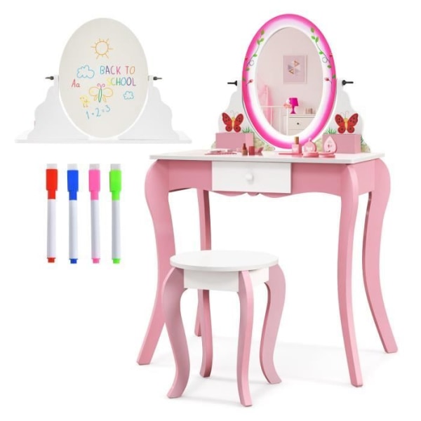 COSTWAY Sminkbord för barn med pall och 360° roterande spegel White Board på baksidan Sminkbord med låda och 4 markörer