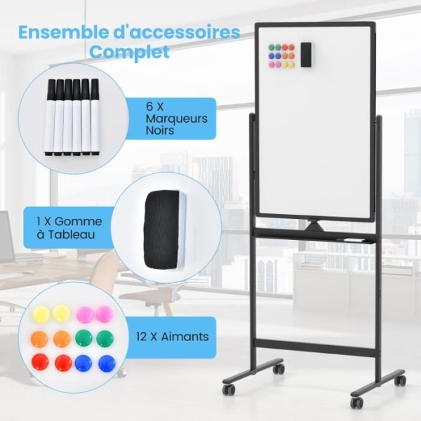 COSTWAY magnetisk skrivtavla 60 x 90 cm Dubbelsidig vändbar torrradering 2 justerbar höjd 4 mobila hjul Svart