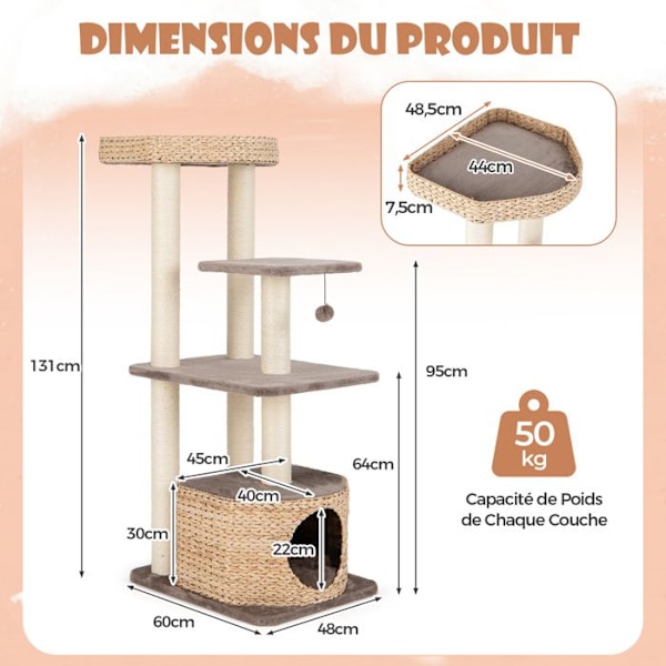 COSTWAY Kattetræ i flere niveauer 131 cm, sisal-skrabestolper, aborre, lejlighed, hængende bold, puder Kaffe och naturligt