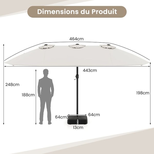 COSTWAY Dubbel XXL Parasol 464x286x198cm - Bas ingår 2 Sandsäckar - UV-skydd 12 Ribbor - Rektangulär Vevarm Beige