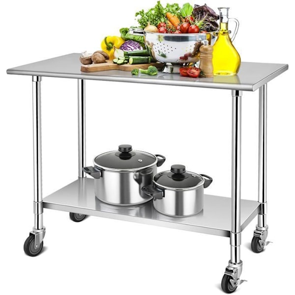 COSTWAY Køkkenbord i Rustfrit Stål med Låsebare Hjul 122x61x90cm Justerbare Nederste Hylder Arbejdsflade