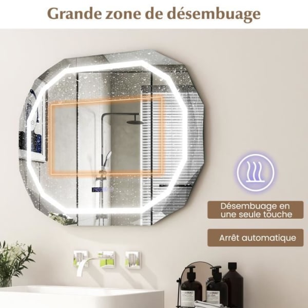 COSTWAY Oval badrumsspegel med LED, anti-dimma, 3 färger, minnesfunktion, tids-/temperaturdisplay, splittringssäker