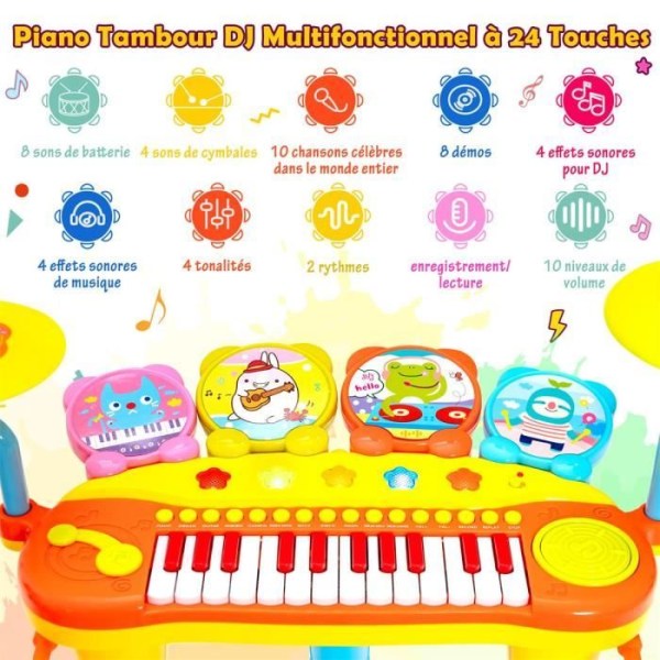 COSTWAY Baby Musical Toy 24 tangenter Piano och trumslagverk med pall, mikrofon, LED-lampor för barn 3+, blå