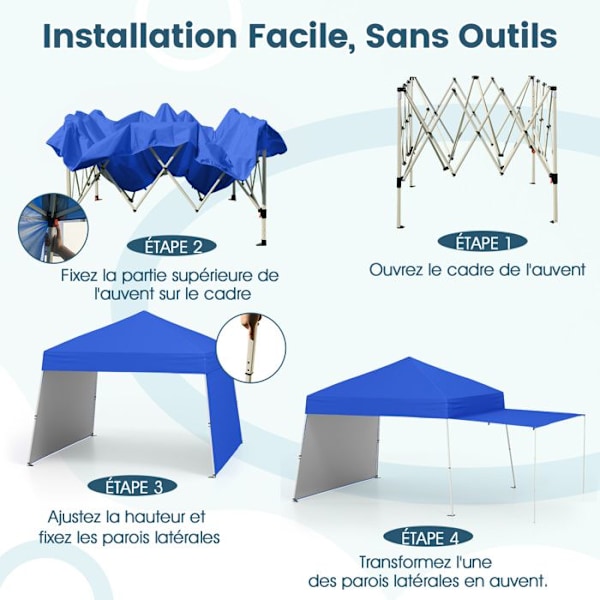 Tält Pop-up 430 x 280 cm - COSTWAY - 2 Konvertibla Sidoväggar till Markis - Bärbart och Fällbart Solskydd Utomhus Blå