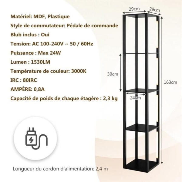 COSTWAY Golvlampa i vardagsrummet 163 cm med 4 hyllor LED-lampor med 3 varierande intensiteter, 360° roterande LED-stolpar fotkontakt sort