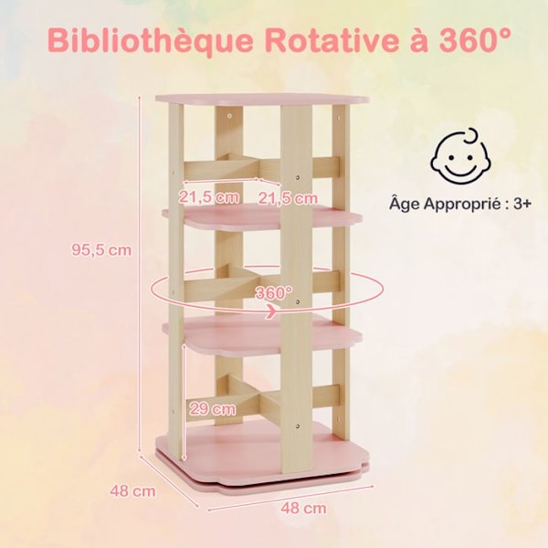 COSTWAY 360° roter bogreol - Børnebøger på 3 niveauer med 12 rum 48 x 48 x 95,5 cm