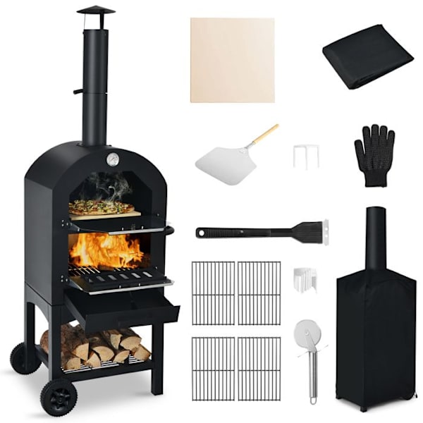 COSTWAY Outdoor Charcoal Pizza Ugn-Pizza Stone 30,5 cm Anti-skållningshandske, Vattentätt lock, 2 grillar, Dubbel termometer
