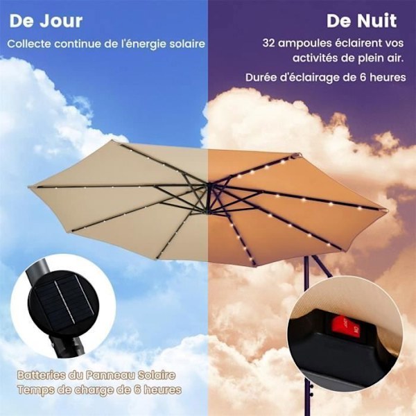 Parasol Déporté 3M - 40 LED-lys - COSTWAY - Krydsbase Sandpose - Beige - UV-beskyttelse 20+ Solcelle 6 Timer Beige