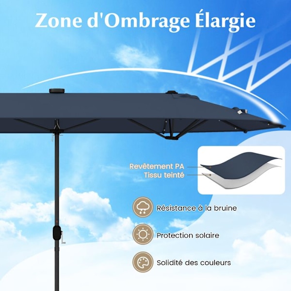 Parasol Double de Jardin XXL 400 x 200 x 240 cm - COSTWAY - 36 LED Lys - Base Inkluderet - 12 Spidser - Rektangulær Blå
