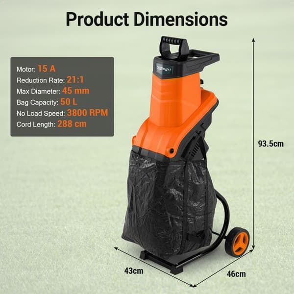 Elektrisk Haveaffaldshakker 2500W COSTWAY, 3800 omdr./min, 50L Opsamlingspose, Støder, på Hjul, 2 Dobbeltblad, Orange Orange