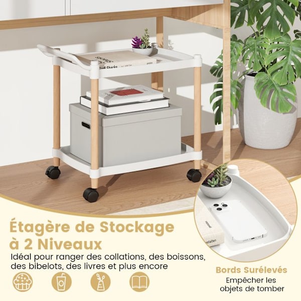 COSTWAY Desserte de Bureau à 2 Niveaux, Ramme i Bøgetræ med Låsehjul Moderne Hvid