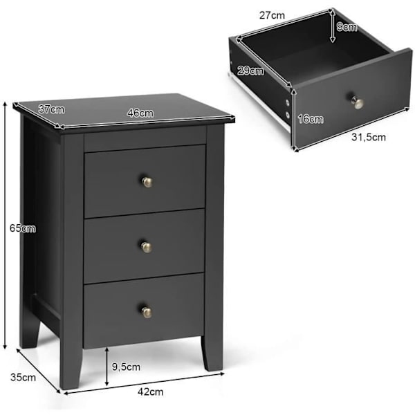 COSTWAY natbord, moderne sengebord med 3 skuffer, til soveværelse, 46 x 37 x 65 CM Sort Svart