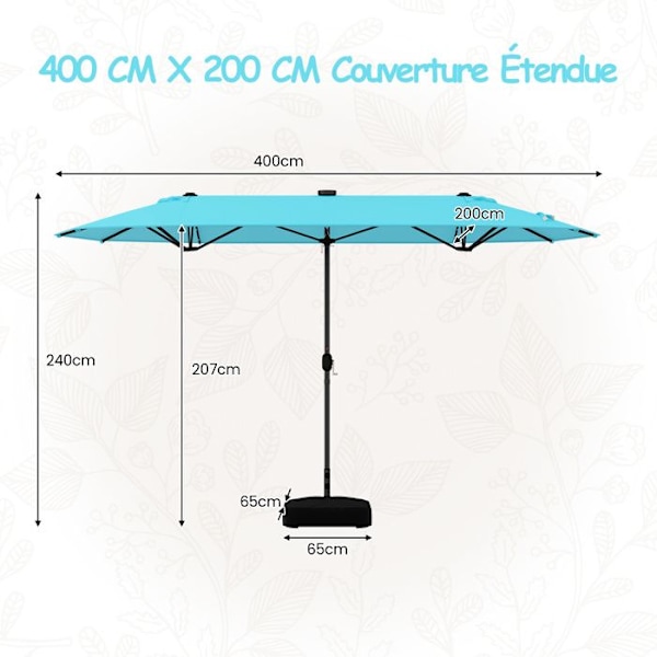 Parasol Double til Have XXL 400 x 200 x 240 cm - COSTWAY - 36 LED-lys - Base inkluderet - 12 Spidser - Rektangulær Grøn