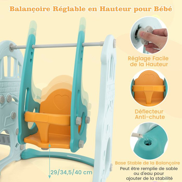 COSTWAY 4 i 1 rutschkana för barn-Basketbåge-gunga Justerbar i 3 höjd-18+ månader-185 x 150 x 102 cm Grön + orange