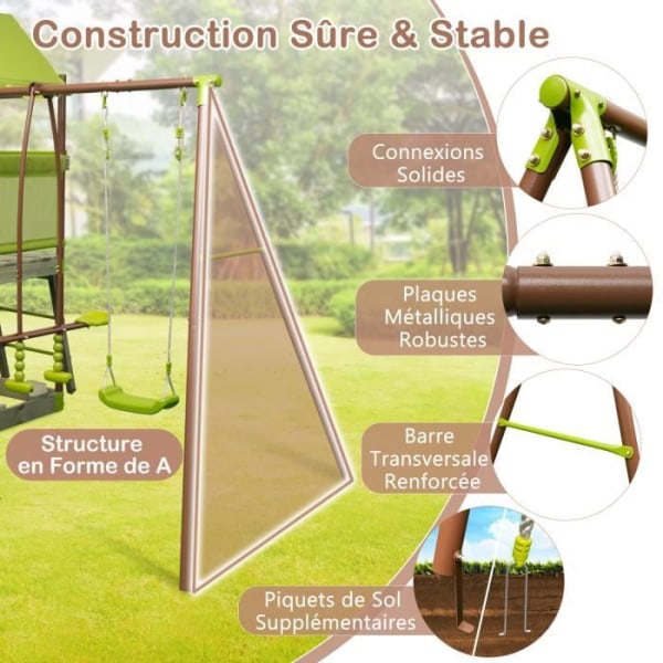 Udendørs legeområde for børn - COSTWAY - 7 i 1: Rutschebane, gynger, sandkasse - grøn