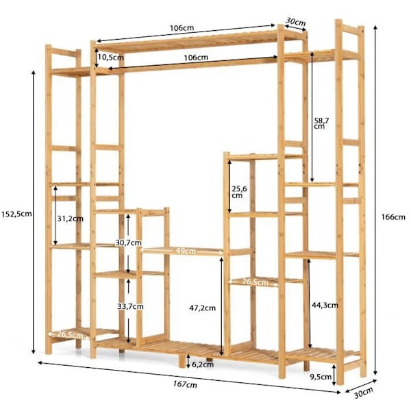 COSTWAY Stöd för Växter i Bambu 9 Nivåer - 167x30x166CM - Blomhylla - Kipp-säkert system, Hängande Pelare
