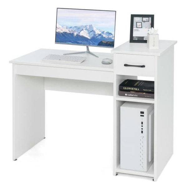 COSTWAY Datorbord med låda och PC-ställ, datorbord med 2-vånings förvaringshylla, 102x50x82cm, vit