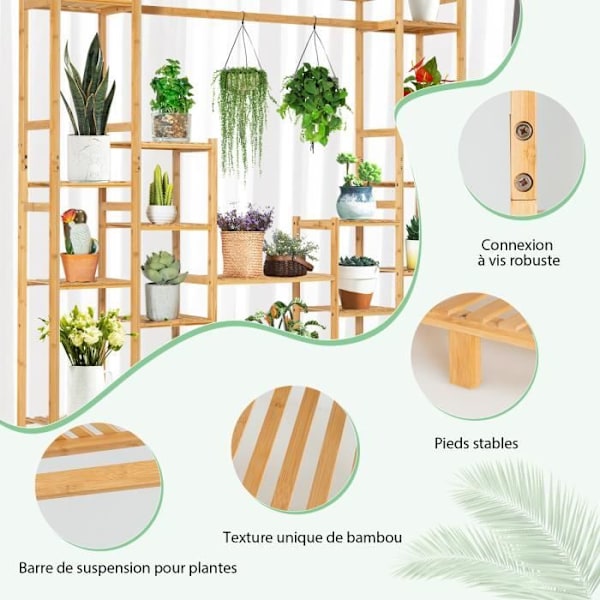 COSTWAY Stöd för Växter i Bambu 9 Nivåer - 167x30x166CM - Blomhylla - Kipp-säkert system, Hängande Pelare