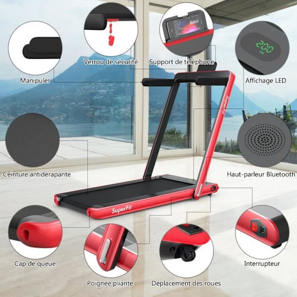 COSTWAY Hopfällbart löpband/Walker APP Styrd Bluetooth 12 Km/H med LED-skärm 0,75HP Högtalare Fjärrkontroll Röd