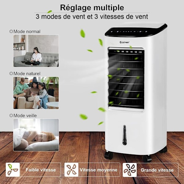 COSTWAY mobilt klimaanlæg 7L 4 i 1-luftkøler-65W fjernbetjening-7,5H timer-3 tilstande/hastigheder-LED-skærm-27x30x74 cm Vit