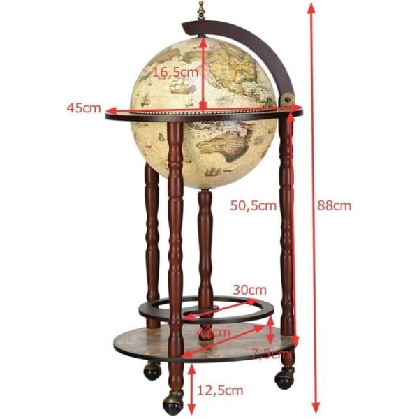 Costway Bar Globe Vintage Eucalyptus Wood Världskarta Rullande Minibar Flaskställ 1500-talet