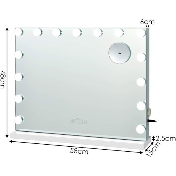 COSTWAY Hollywood Makeup Mirror - 15 lampor, 10x förstoringsglas, pekskärm, 3 dimningslägen, Smart Bluetooth, USB - 58x48CM
