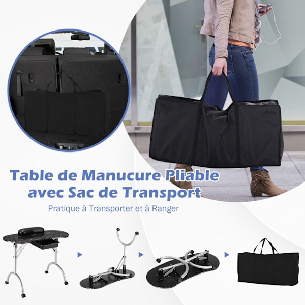 Foldbar Manicure Bord med Rullende Hjul - COSTWAY - Skuff - Wrist Pad - 90 x 37 x 68 cm Sort