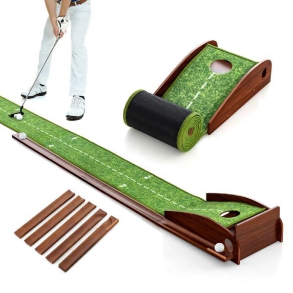 COSTWAY 277 cm Roll-Up golfputtmatta - Automatisk retur - 3 golfbollar - 4 inriktningsguider - Magnetisk returhållare